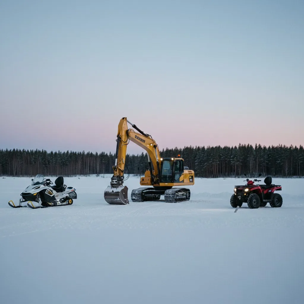 Snöskoter, grävmaskin och fyrhjuling uppradade på snötäckt fält i skymning — fordon hos BME Härnösand